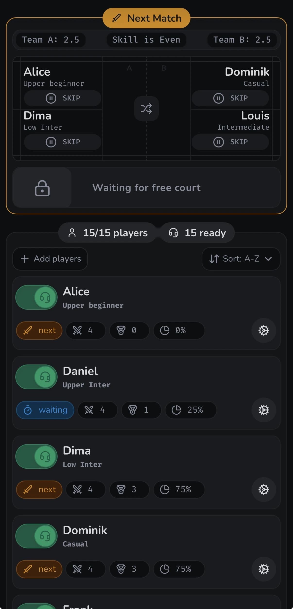 Shuttl mobile next match preview screen