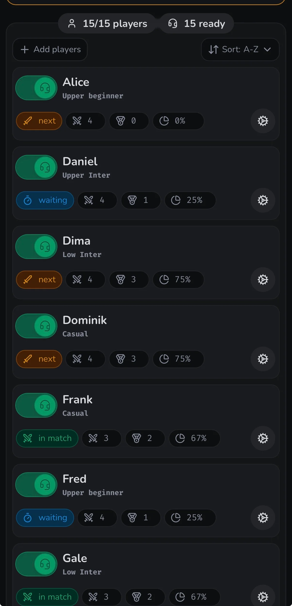 Shuttl mobile players list screen
