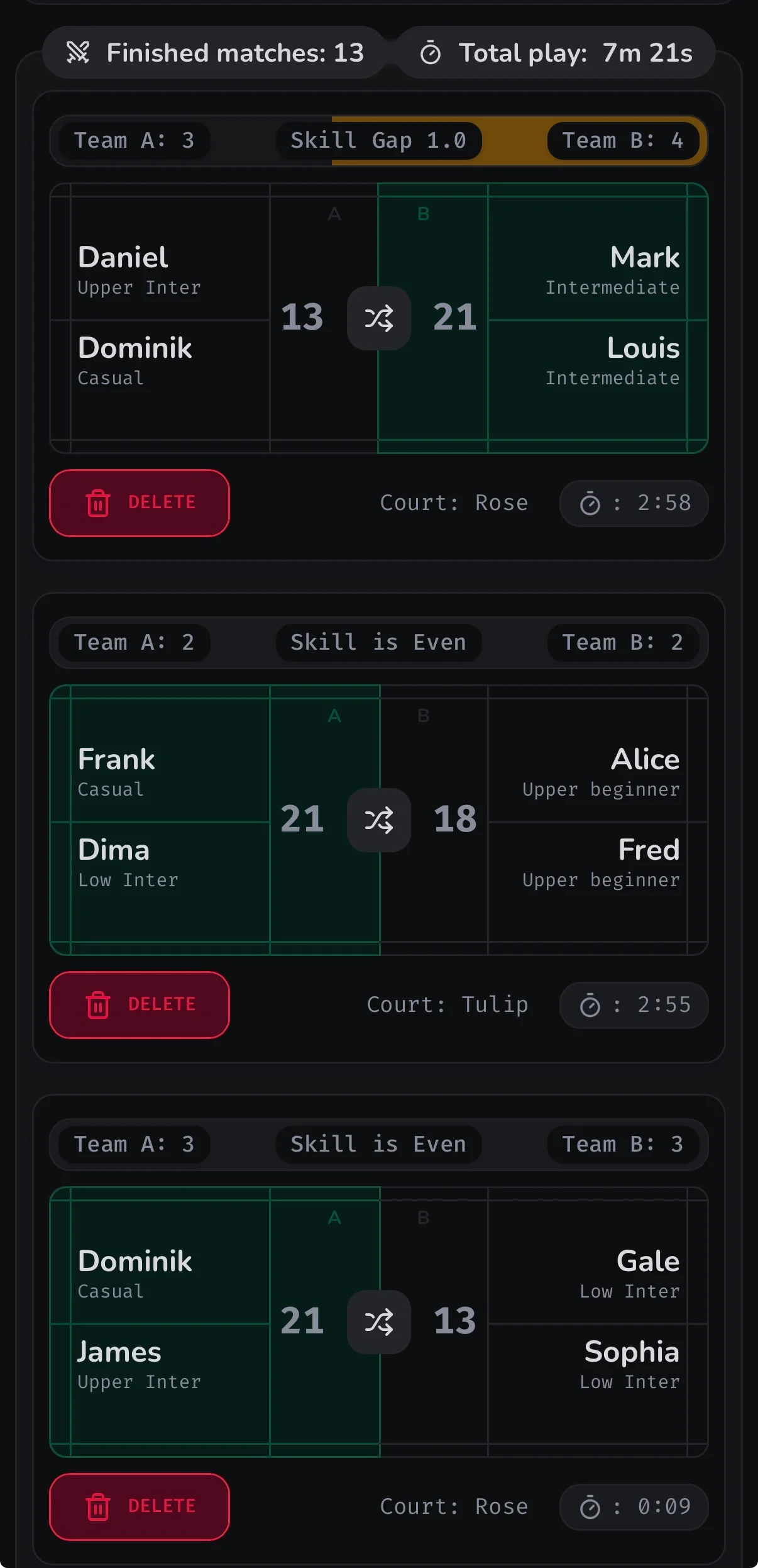 Shuttl mobile finished matches screen